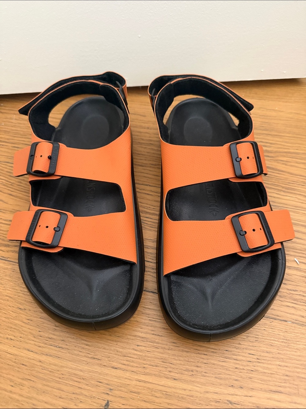 Men’s  Birkenstock Leather Upper Orange Two-Strap Buckle Sandals Size 43